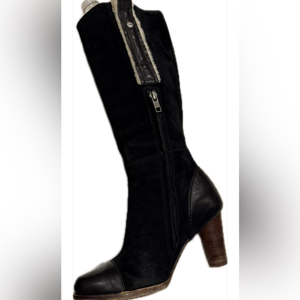 UGG Black Heeled Boots with Leather Accents - Picture 2 of 6